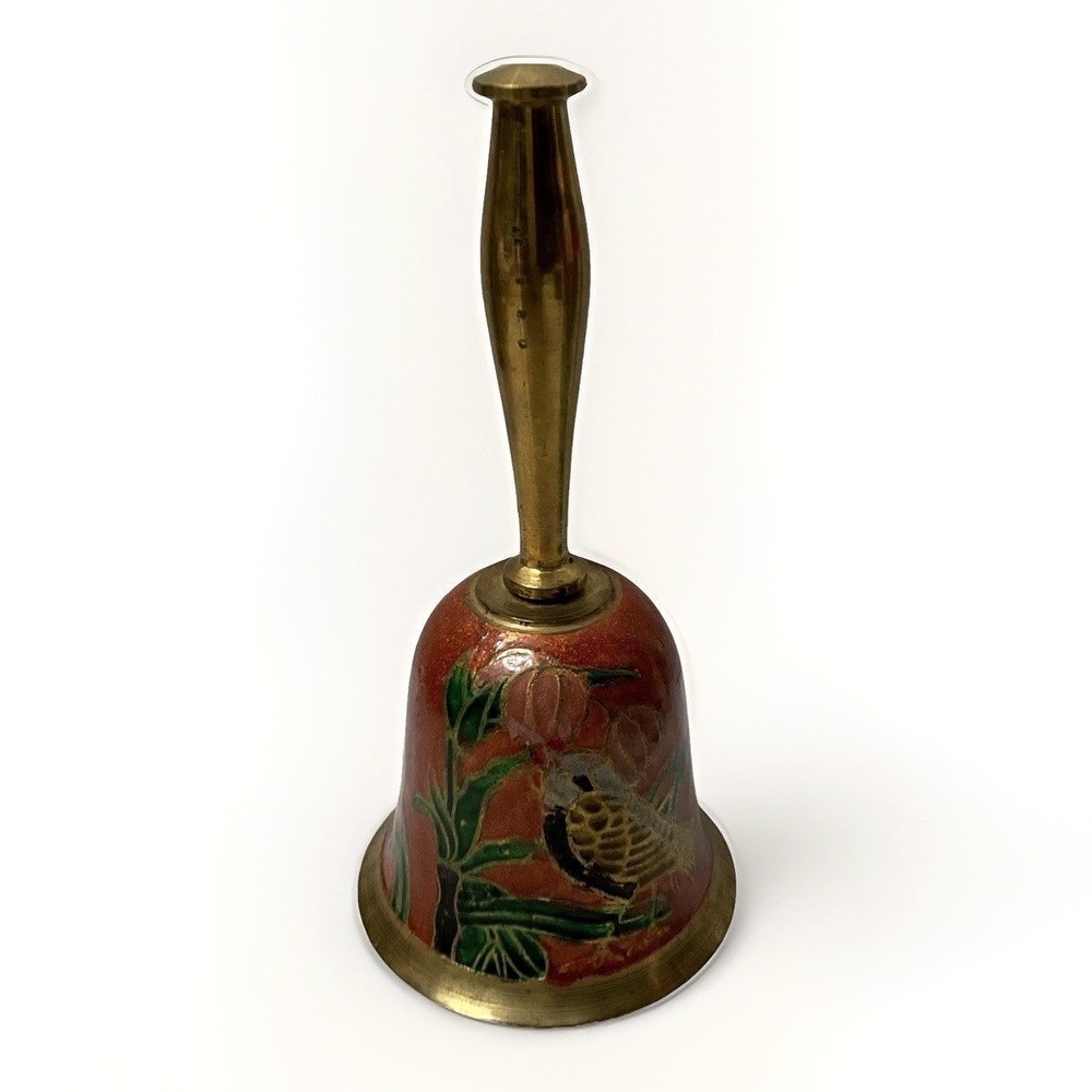 Vintage Solid Brass Decorative Enamel Bird Hand Bell 7 In
